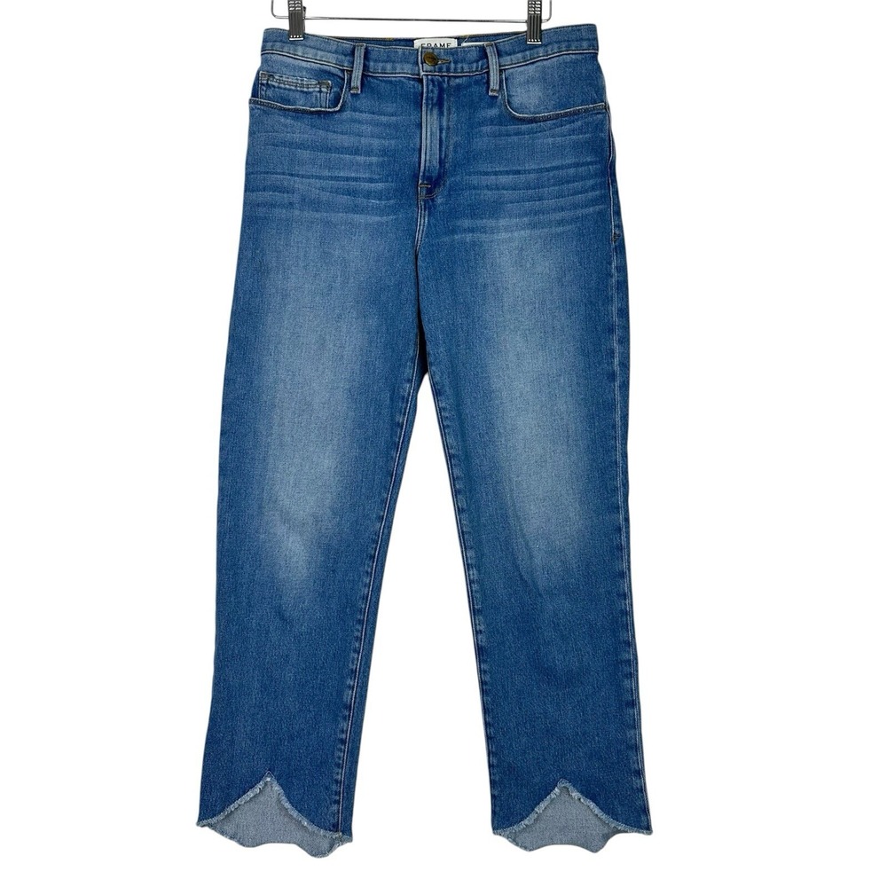 FRAME Le Nouveau Straight Jeans Women's 31 Wellfleet Blue Raw Hem Cropped Denim
